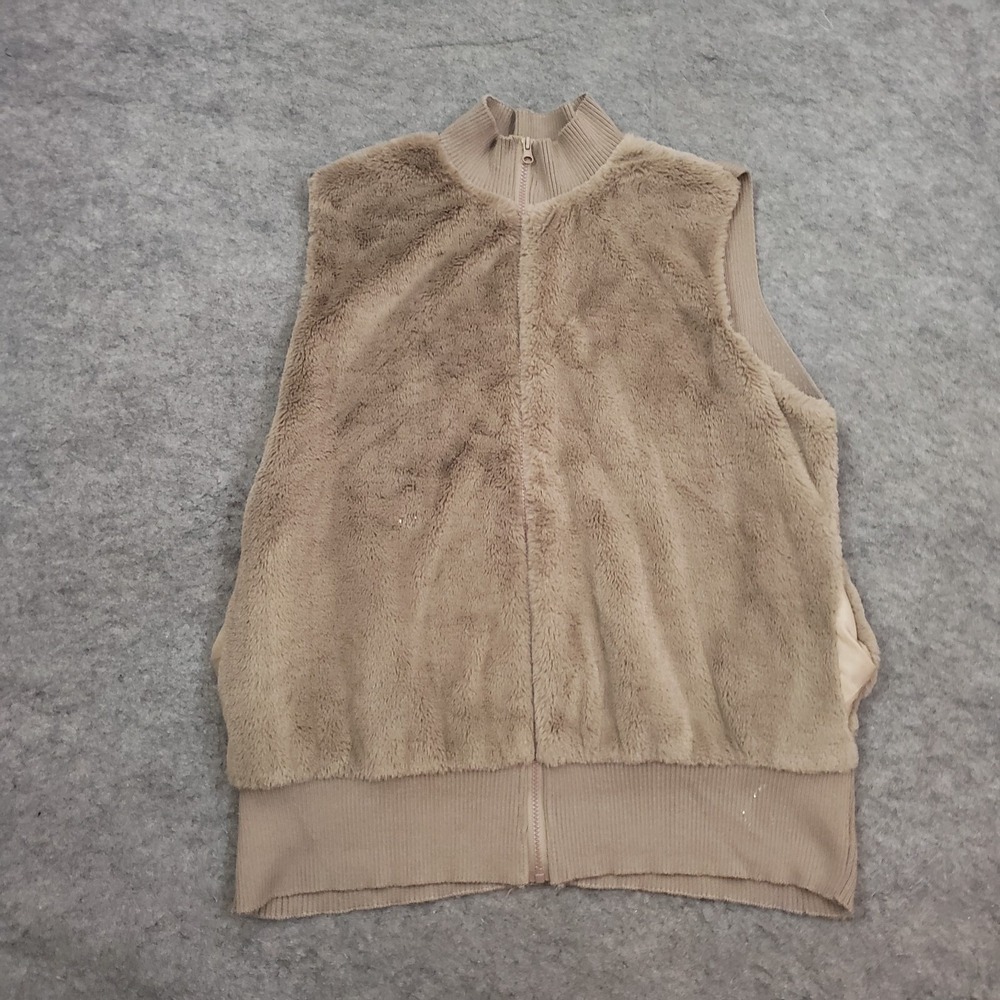 Questions‎ Sweater Womens 1X Plus Brown Zip Up Sleeveless Faux Fur Casual Mock